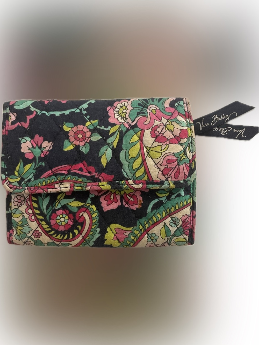 Vera Bradley Black Floral Quilted Trifold Wallet with Pink & Green Accents